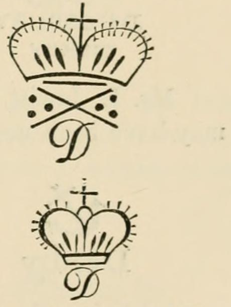 The Crown above a cross, three dots in each side angle, capital D below mark as engraved in Chaffers 1891, page 753